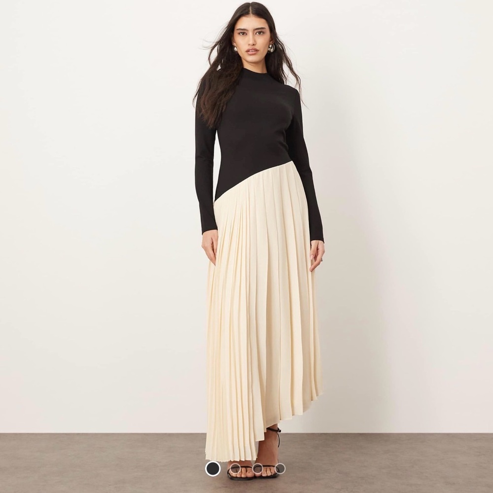 NWT | ARRANGE Asymmetrical Contrast Sculpted Maxi Dress with Pleat Skirt
